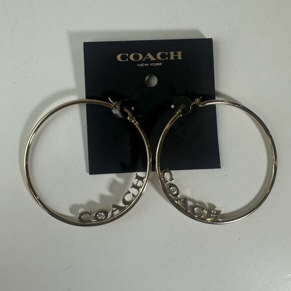 Coach Medium Hoop Earrings Gold Signature Logo Spellout Jewel Rhinestone - Picture 8 of 11
